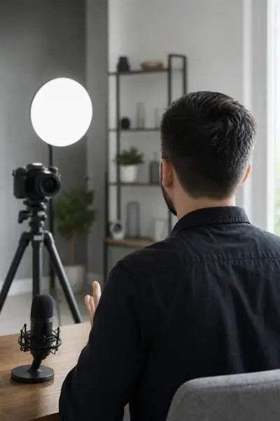 Especialista gravando uma aula em casa, de costas para a foto